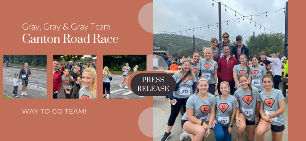 Group photos of runners at Canton Road Race on Gray, Gray & Gray team