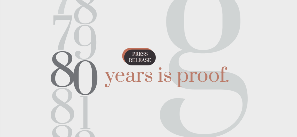 Banner graphic celebrating 80 years of success, featuring a large gray number '80' on a light gray background. The 'g³' logo, the orange text 'years in proof.' The design conveys Eighty years is not a milestone It’s proof. Press Release