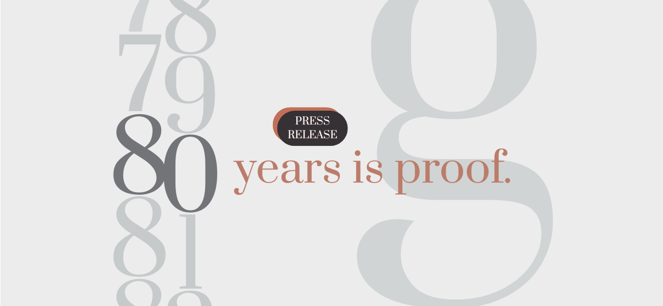 Banner graphic celebrating 80 years of success, featuring a large gray number '80' on a light gray background. The 'g³' logo, the orange text 'years in proof.' The design conveys Eighty years is not a milestone It’s proof. Press Release